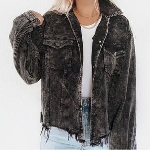 POL Distressed Black Corduroy Frayed Hem Oversized Jacket Size Small
